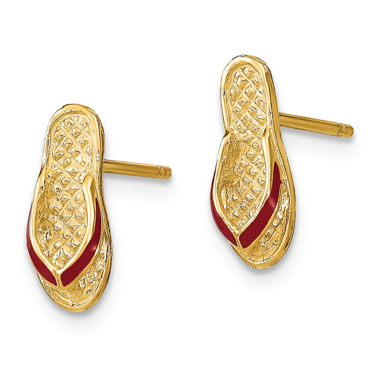 14k Yellow Gold 3D with Fuschia Enamel Single Flip-Flop Stud Earrings