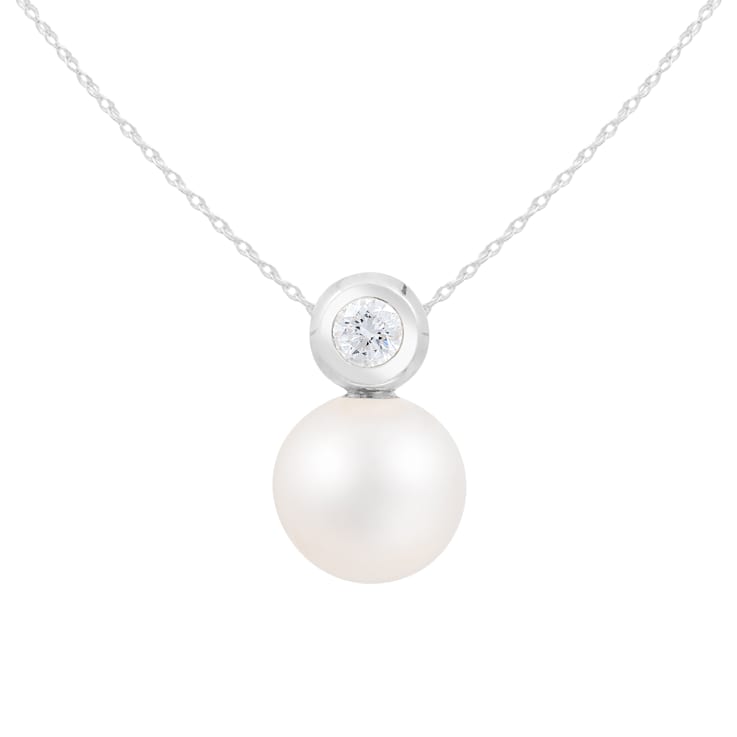 White Cultured Freshwater Pearl and Diamond 14K White Gold Pendant 8-8.5mm