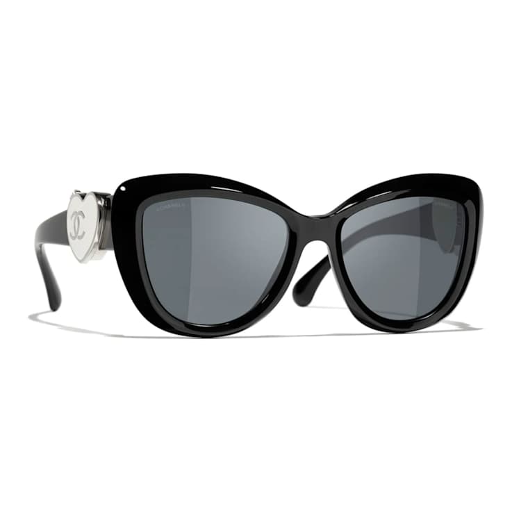 Chanel Black Cat Eye with Silver Tone Heart Detail Frame / Gray Lenses Sunglasses