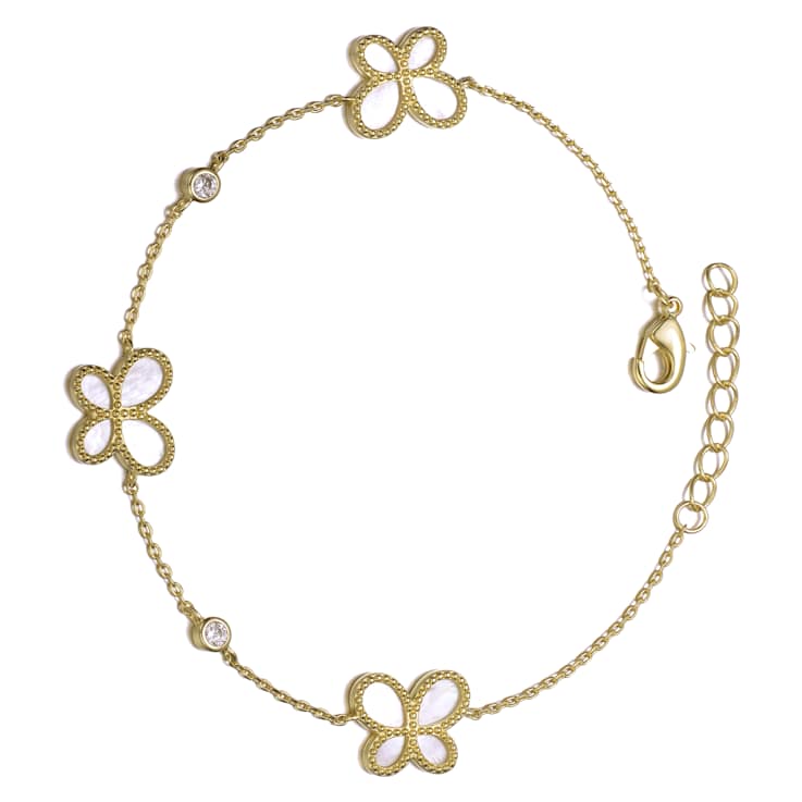 White Mother-Of-Pearl Butterfly Link Bracelet In 14K Gold Over Sterling Silver
