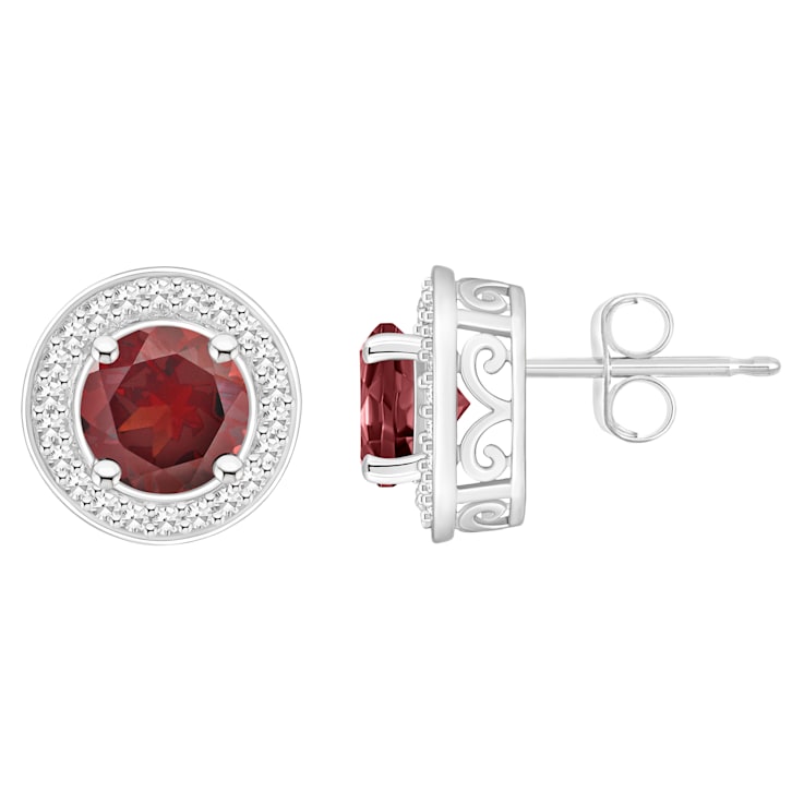 6mm Round Garnet 1/5 ctw Diamond Rhodium Over Sterling Silver Halo Stud Earrings