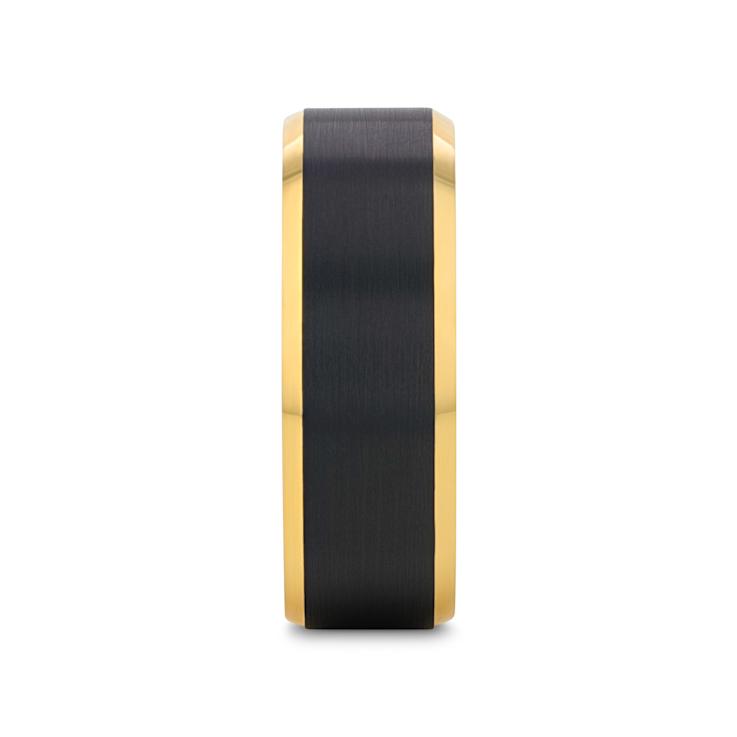 GASTON Gold Plated Tungsten Polished Beveled Ring with Brushed Black
Center 8mm