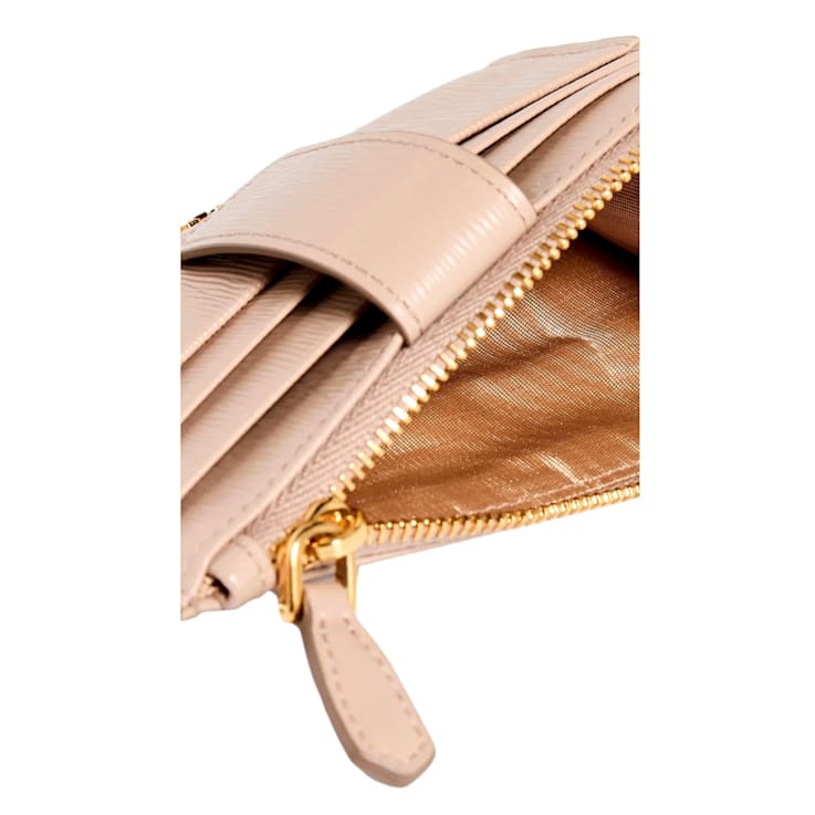 ★PRADA★ 21FW Women's Vitello Gold Logo Zipper Medium Walle Prada Vitello Move Card Holder Wallet Cipria Beige Leather