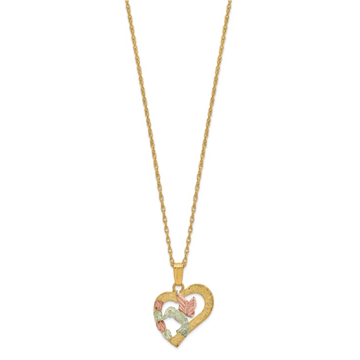 10k Yellow Gold With 12k Rose and Green Gold Accent Hummingbird in Heart
Pendant With 18 Inch Chain