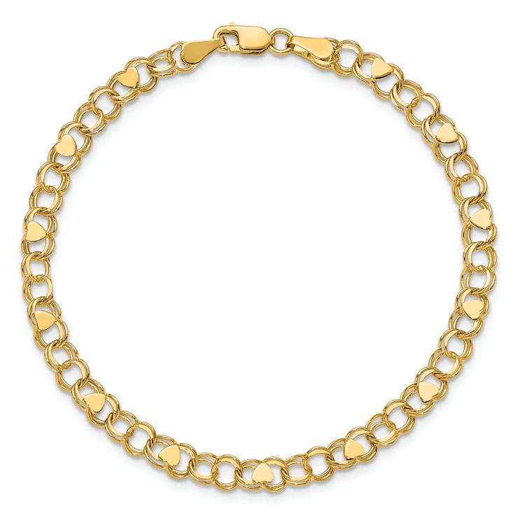 10k Yellow Gold 4mm Double Link Heart Charm Bracelet