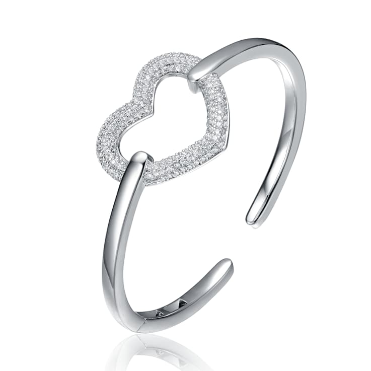 Heart Motif CZ Pave Cuff Bracelet In Sterling Silver