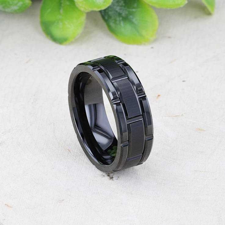 WINDSOR Beveled Black Tungsten Carbide Wedding Band with Brushed Finish
and Alternating Grooves 8mm