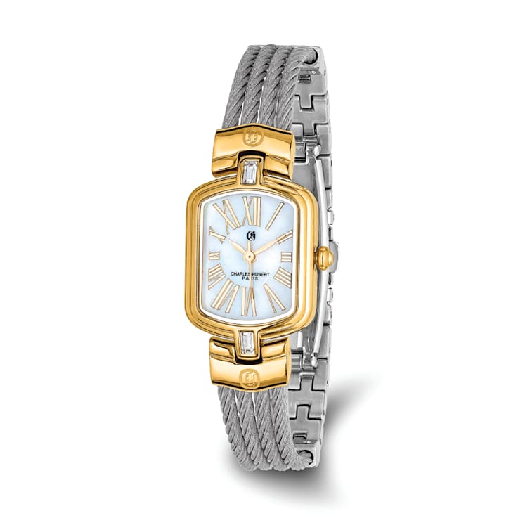 Charles Hubert IP-plated Stainless Steel Wire Bangle MOP Dial Watch