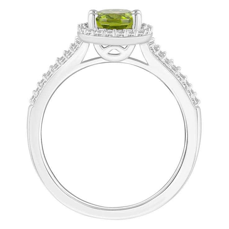 8x6mm Oval Peridot 1/4 ctw Diamond Rhodium Over Sterling Silver Halo Ring