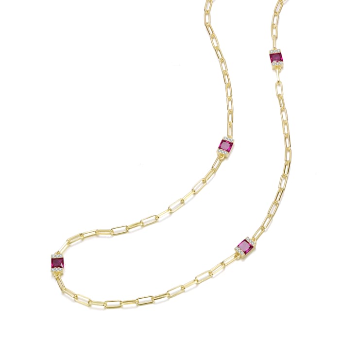 Ruby Color CZ Station Necklace In 14K Gold Over Brass