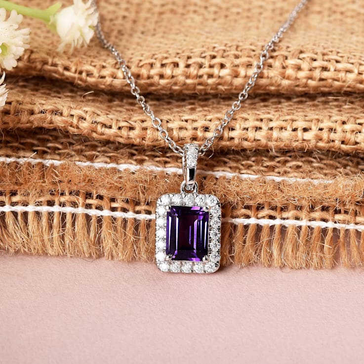 Amethyst with Moissanite Accents Rhodium Over Sterling Silver Halo
Pendant with Chain