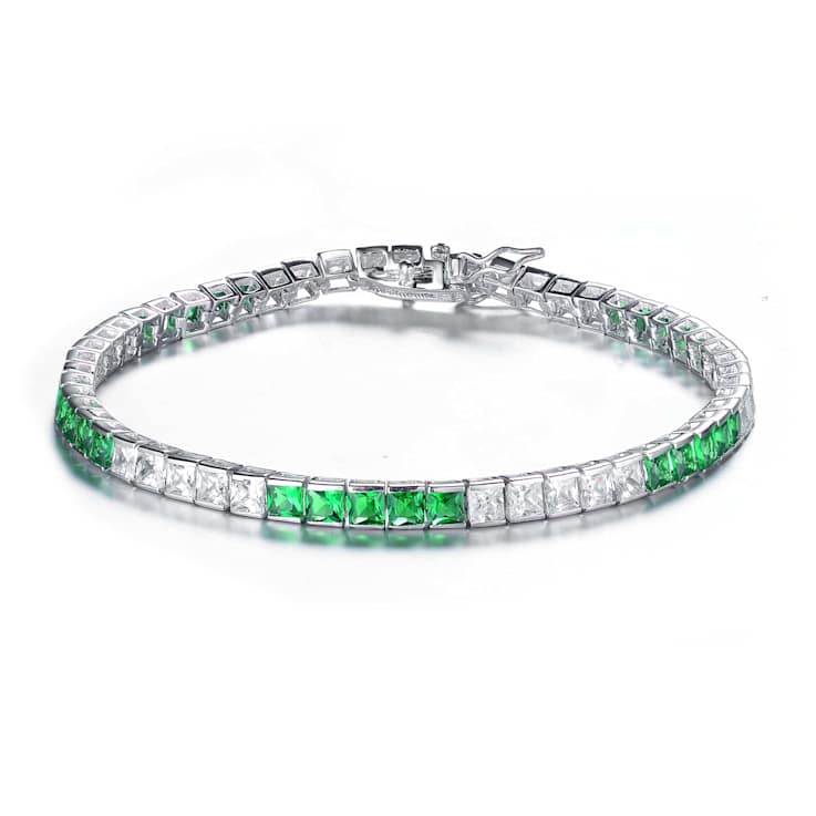 Emerald Color CZ Tennis Bracelet In White Rhodium Over Brass