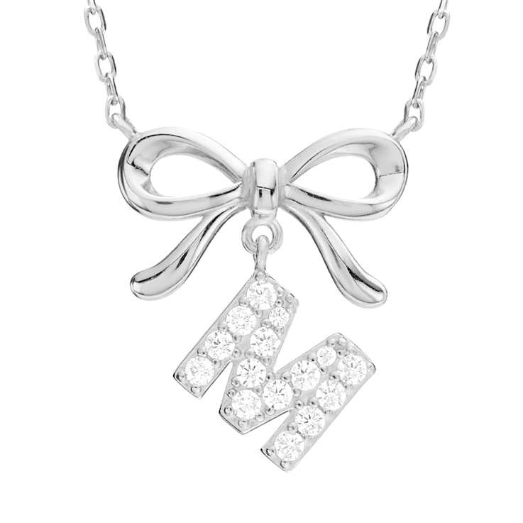 Initial M Bow CZ Necklace In Sterling Silver 0.23ctw
