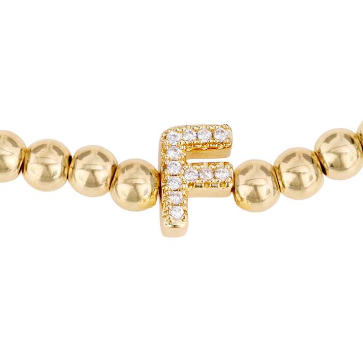 Initial F CZ Beaded Bracelet Set In 14K Gold Over Brass 0.12ctw