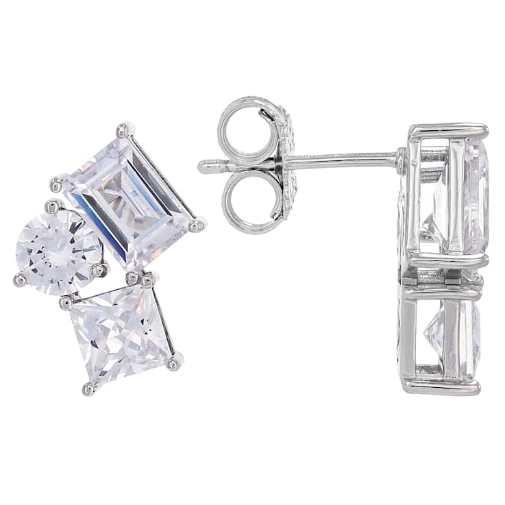 Mixed Geometric CZ Drop Earrings In Sterling Silver