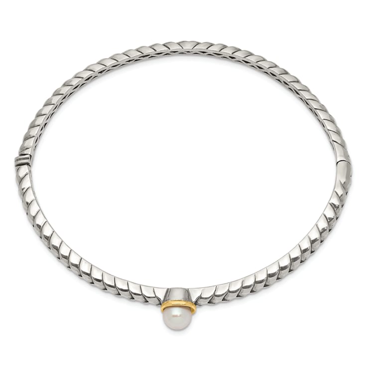 Sterling Silver with 14K Gold Over Sterling Silver 6mm Freshwater
Cultured Pearl Bangle Bracelet