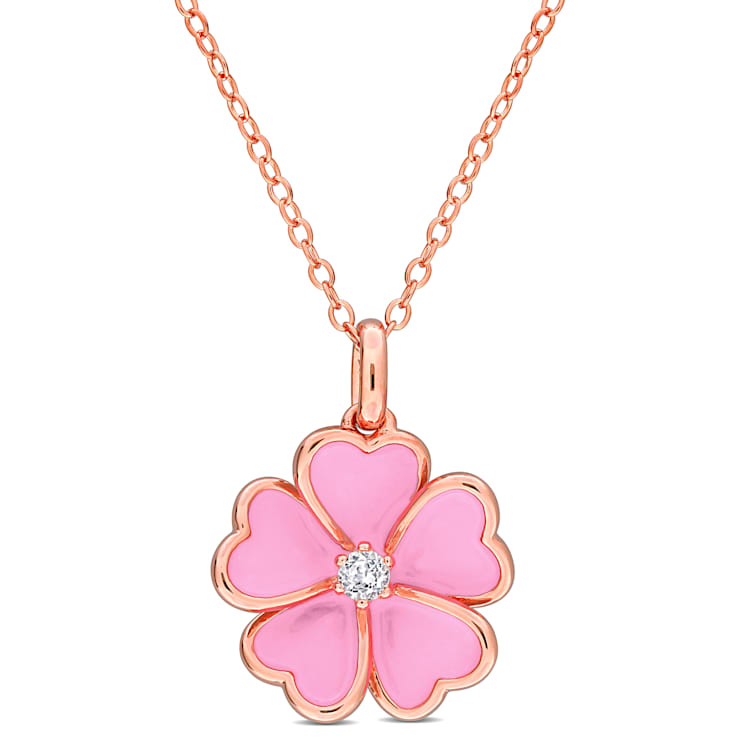 1/10 CT TGW White Topaz with Pink Enamel Flower Pendant with Chain in
Rose Plated Sterling Silver
