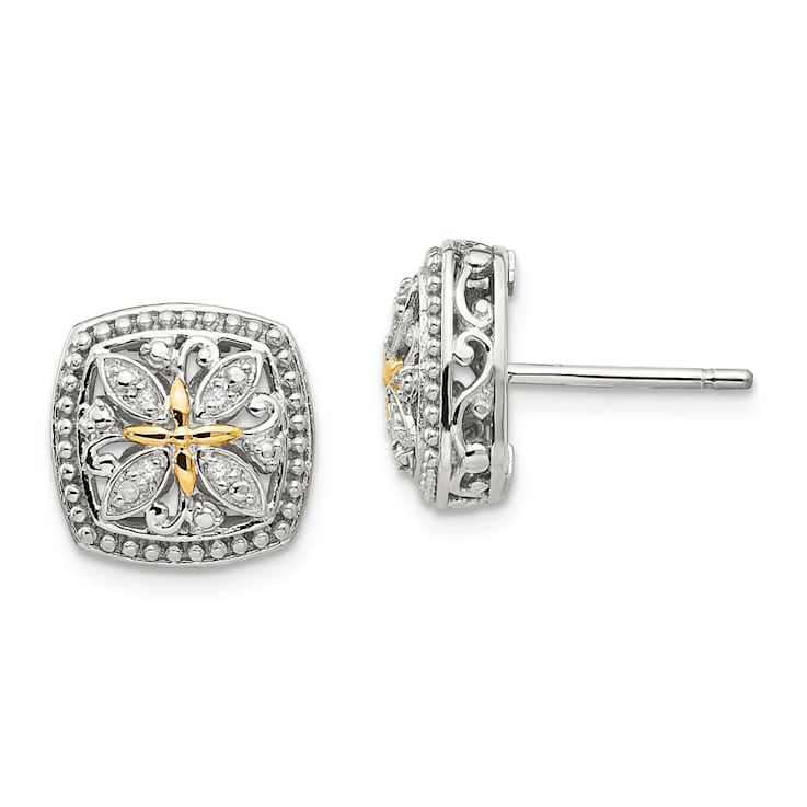 Sterling Silver Rhodium-plated with 14K Accent Diamond Post Earrings