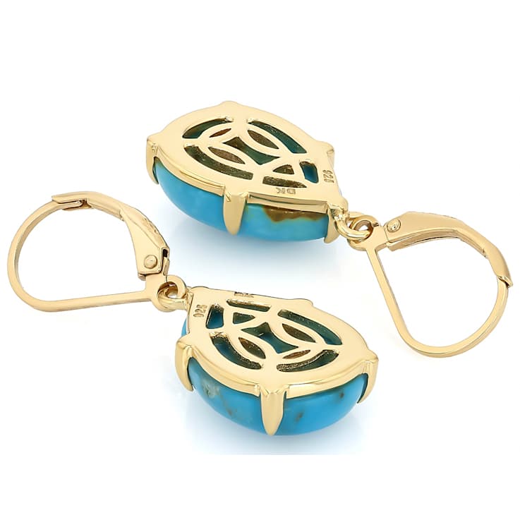 Turquoise Pear Dangle Earrings In 18K Gold Over Sterling Silver 16x12mm