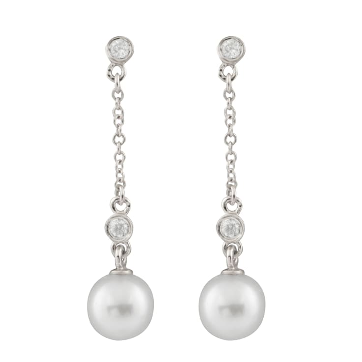 7-7.5mm Akoya Pearl with Diamond Accent 14K White Gold Dangling Chain
Earrings, 0.12ctw