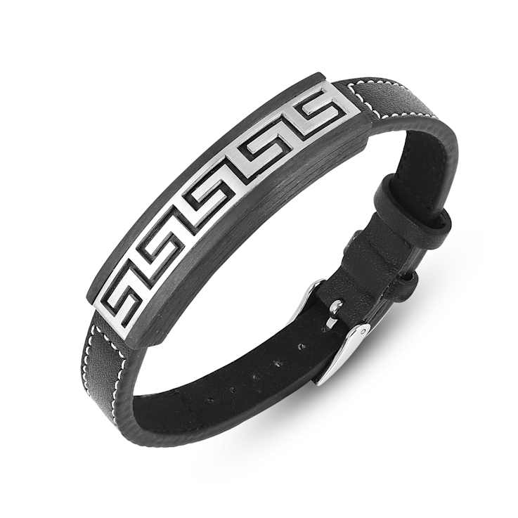 Mens Carbon Fiber, Stainless Steel and Black Leather Greek Key Bracelet
