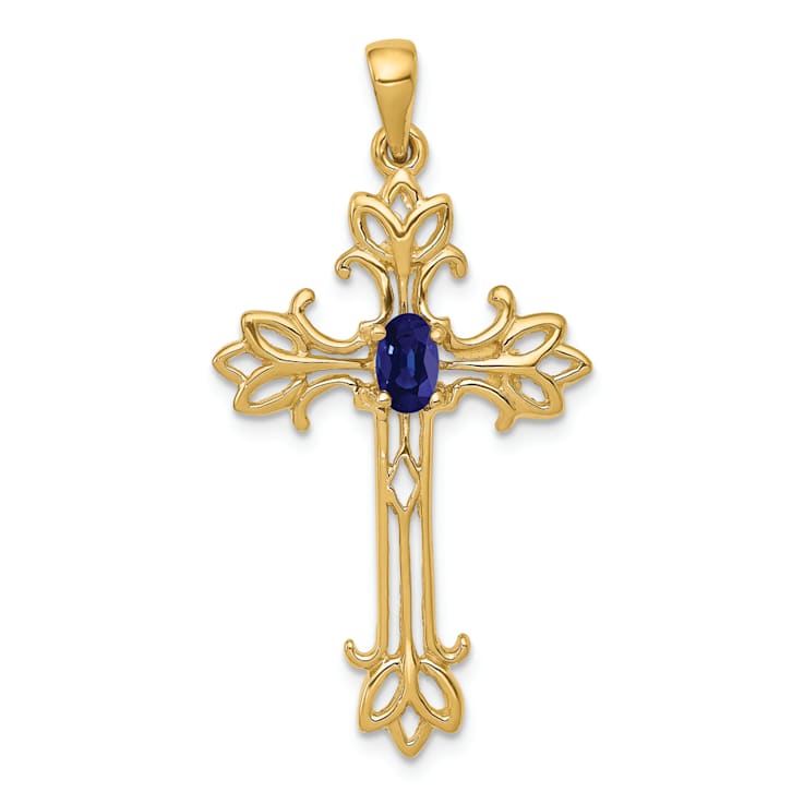 14K Yellow Gold 5x3mm Oval Sapphire Cross Pendant