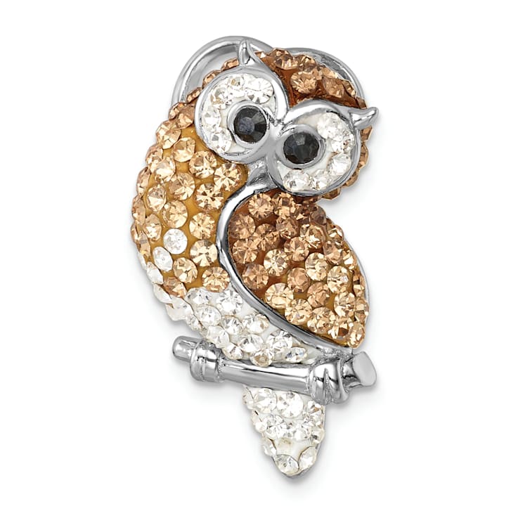 Rhodium Over Sterling Silver Polished Crystal Owl Slide Pendant
