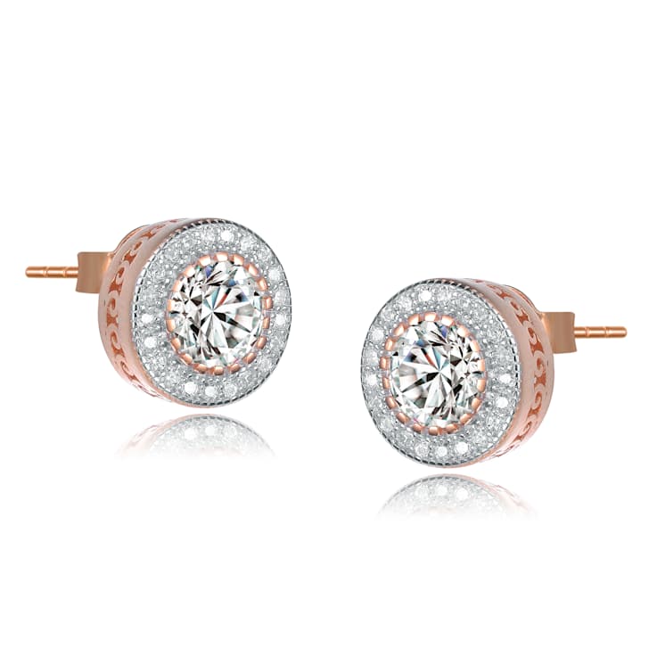CZ Halo Stud Earrings In 18K Rose Gold Over Sterling Silver