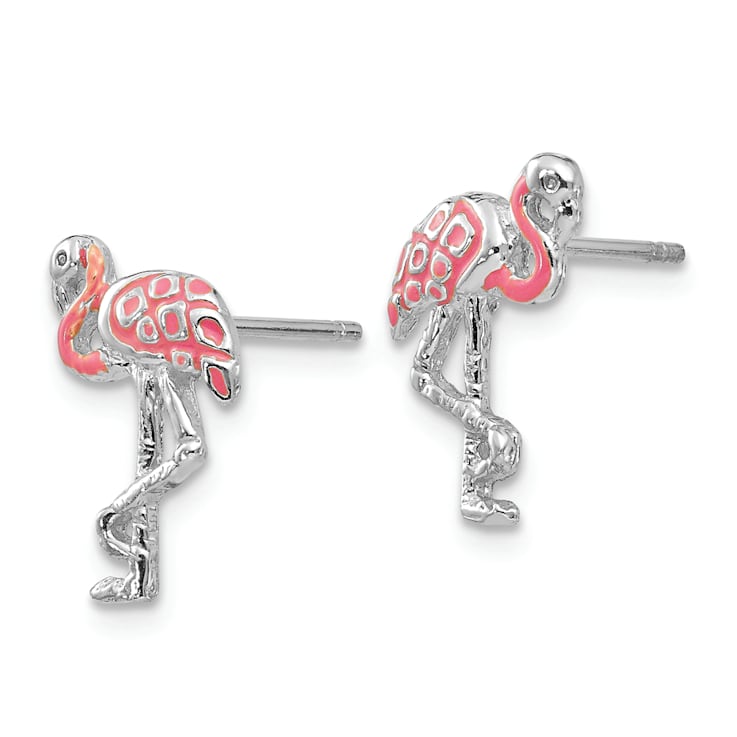 Rhodium Over 14k White Gold Textured Pink Enameled Flamingo Stud Earrings
