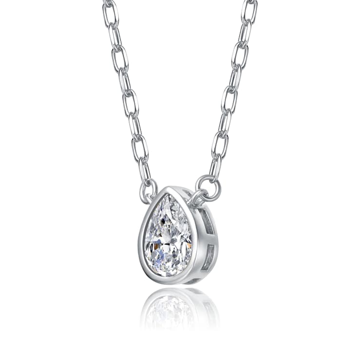 Pear Shape CZ Solitaire Pendant In White Rhodium Over Brass