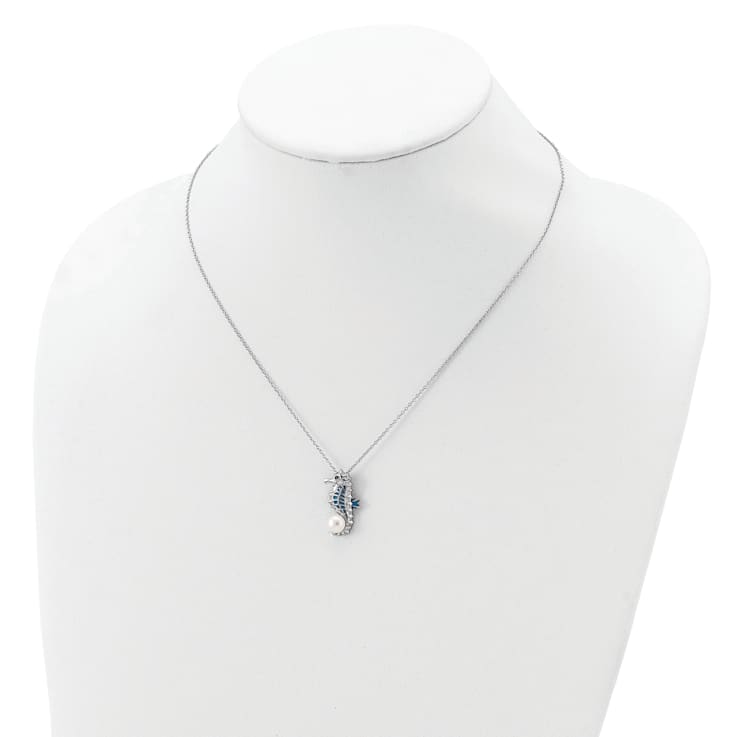 Rhodium Over Sterling Silver Cubic Zirconia Freshwater Pearl Enamel
Seahorse Necklace