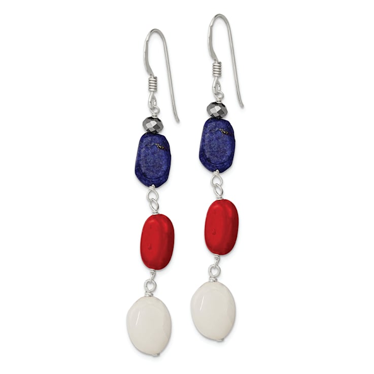 Sterling Silver Polished Red Coral, Crystal, White Jadeite, Lapis Dangle Earrings