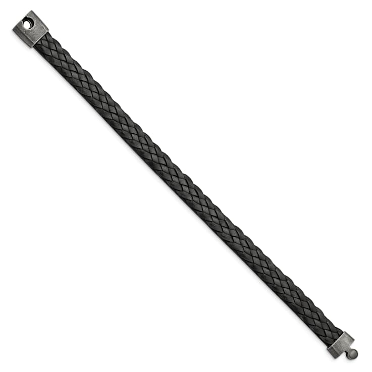 Black Braided Leather and Stainless Steel Antiqued 8.25-inch Bracelet