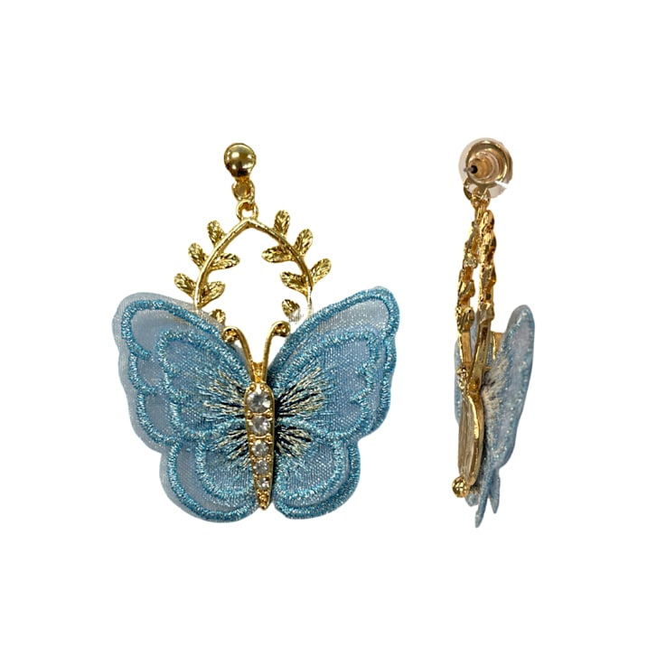 Gold Tone Blue Fabric Butterfly Earrings