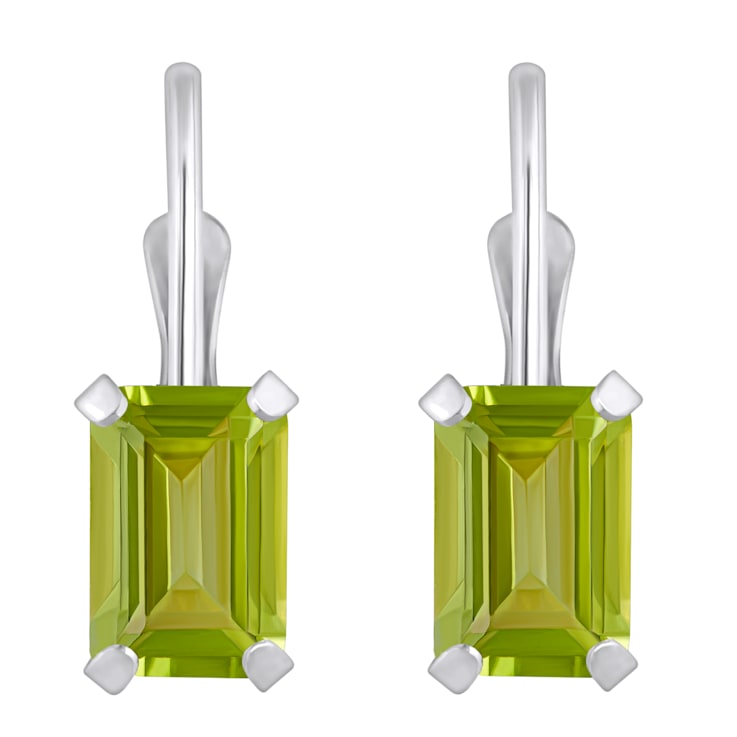 6x4mm Emerald Cut Peridot Rhodium Over 10k White Gold Drop Earrings