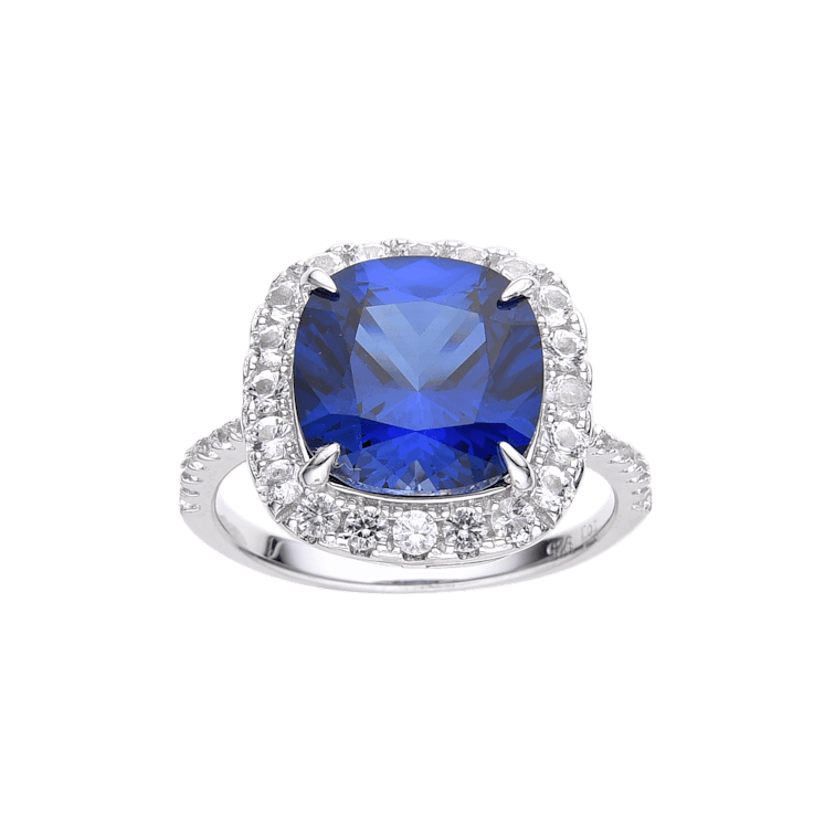 Lab Created Blue Sapphire and White Topaz Rhodium Over Sterling Silver
Halo Ring