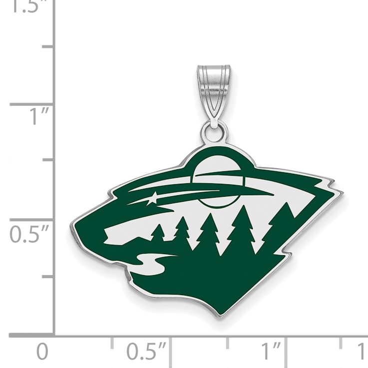 Rhodium Over Sterling Silver NHL LogoArt Minnesota Wild Large Enamel Pendant