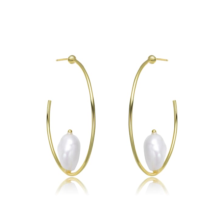 Freshwater Pearl Pear Shape Hoop Earrings In 14K Gold Over Sterling Silver