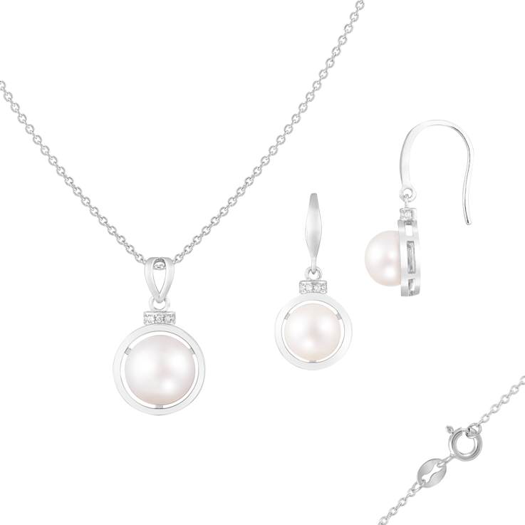 7½-10mm Button White Freshwater Pearl and CZ Rhodium Over Sterling
Earring and Pendant W/Chain Set
