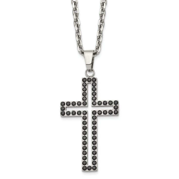 Black Cubic Zirconia Stainless Steel Men's Cross Pendant With Chain