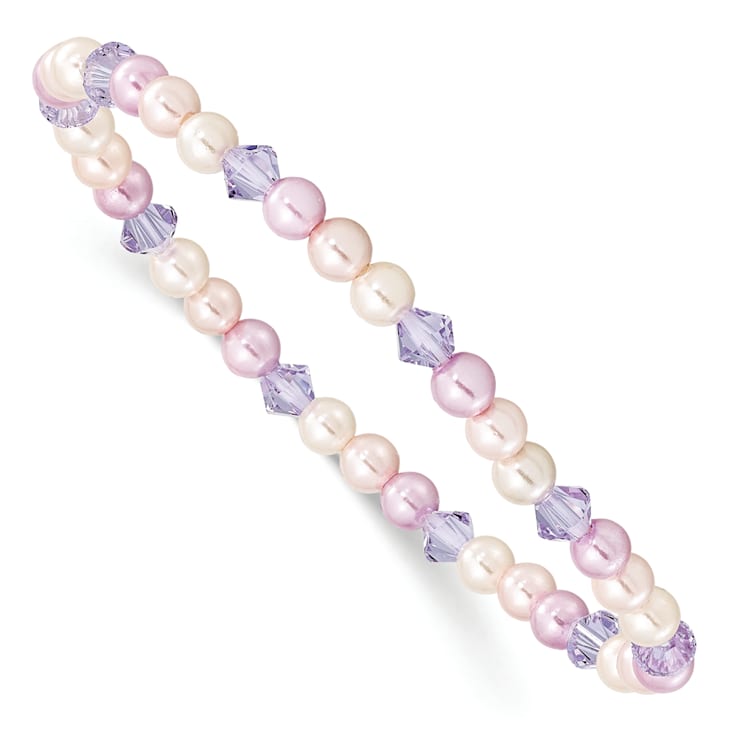 Children's Pink, Purple and White 4mm Shell Bead and Crystal Stretch Bracelet