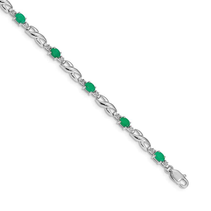 Rhodium Over 14k White Gold Diamond and Emerald Bracelet