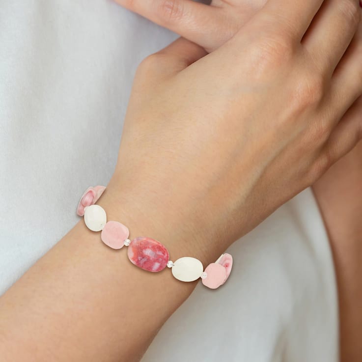 Sterling Silver Pink Agate/Quartz/Jade/Crystal with 1-inch Extension Bracelet