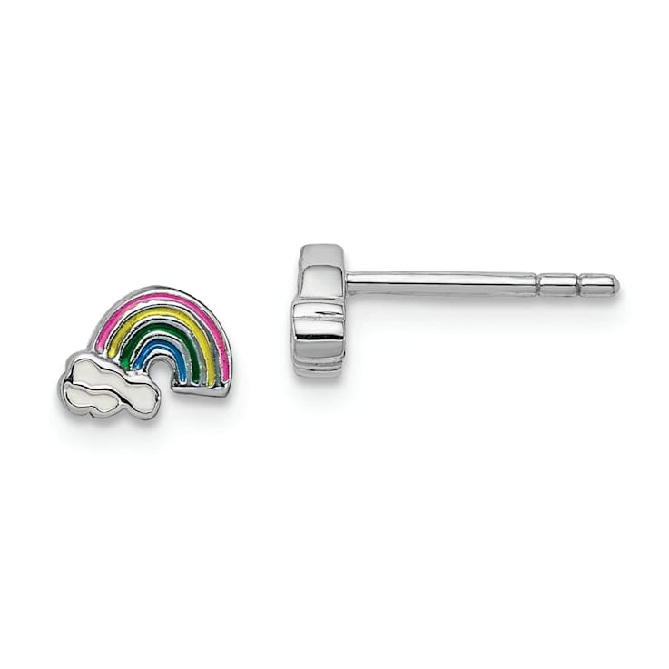 Rhodium Over Sterling Silver Enamel Rainbow Children's Post Earrings