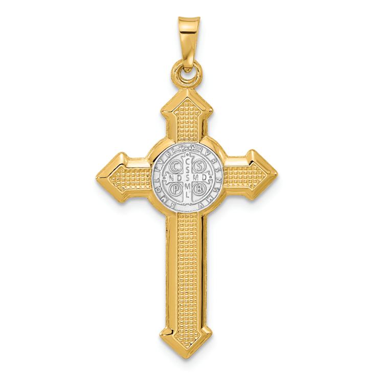 14K Two-tone Gold Textured Budded St. Benedict Cross Pendant