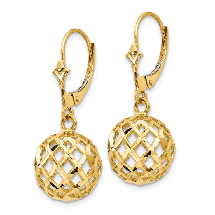 14k Yellow Gold Polished and Diamond-Cut Mesh Ball Dangle Earrings