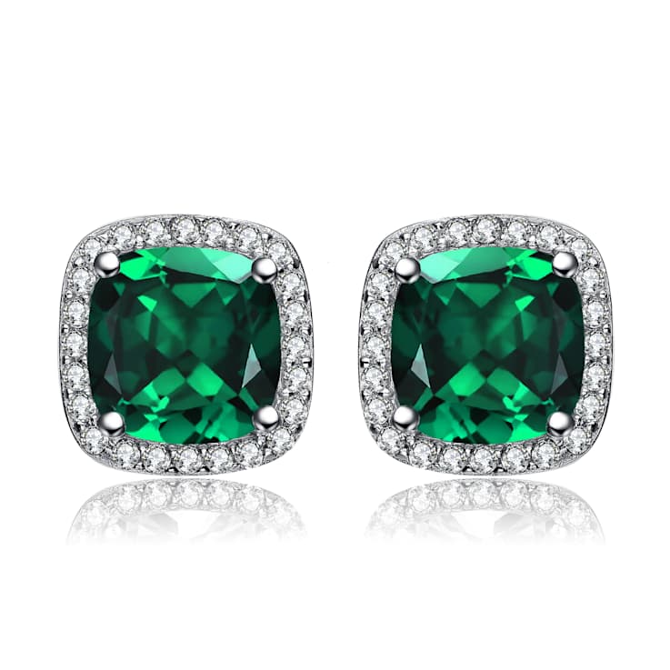 Emerald Color CZ Halo Stud Earrings In Sterling Silver