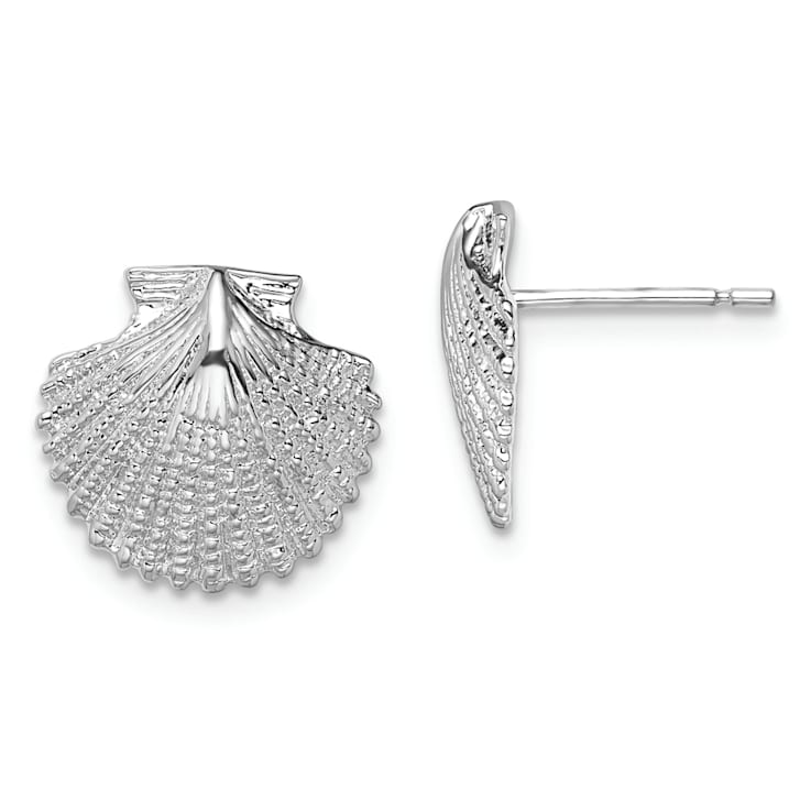 Rhodium Over Sterling Silver Polished Scallop Shell Post Earrings
