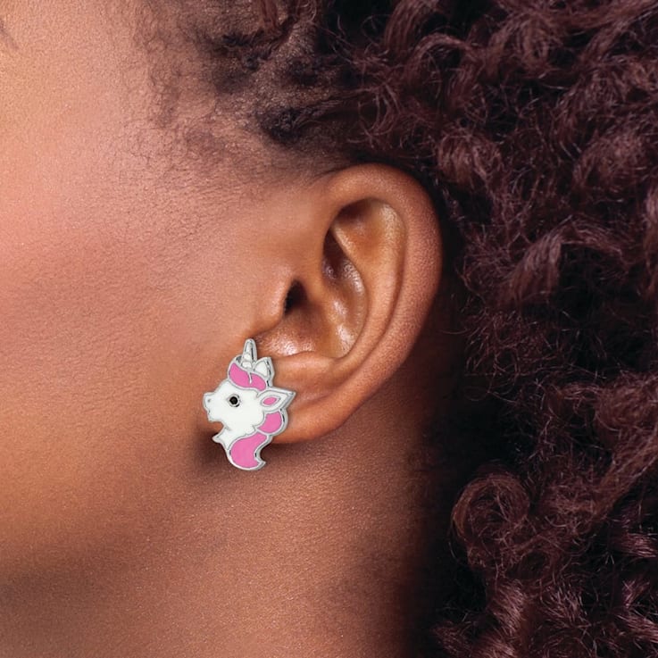 Rhodium Over Sterling Silver Enamel Unicorn Post Earrings