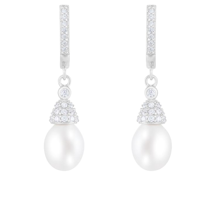 8.5-9mm White Cultured Freshwater Pearl and Cubic Zirconia Rhodium Over
Sterling Silver Earrings